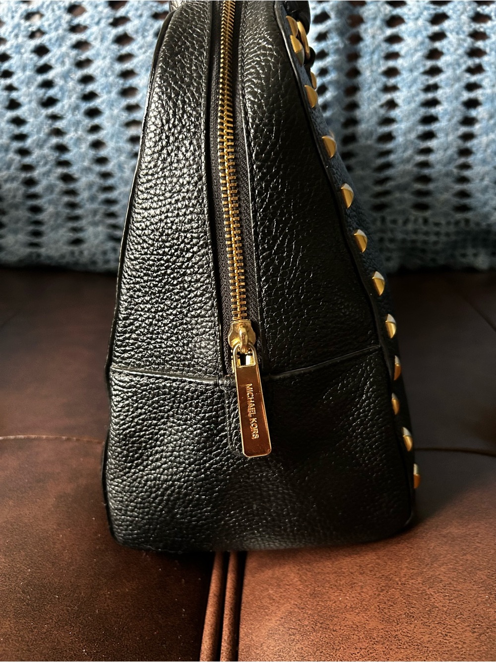 Michael Kors Sandrine Studded Leather Large Satchel Bag Black and Gold A - Picture 6 of 17